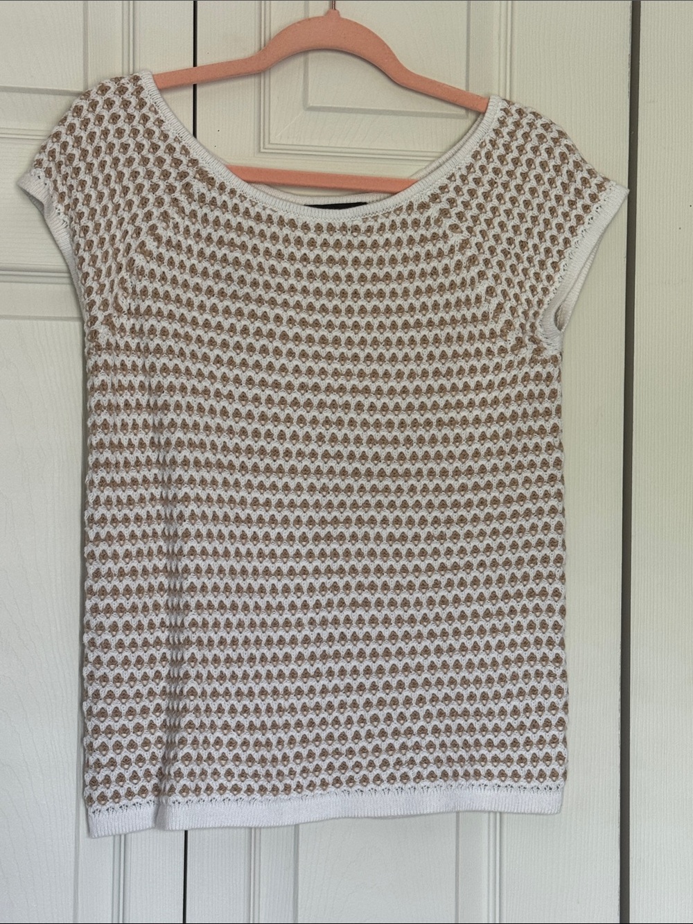 Ann Taylor White and Tan Short-Sleeve Knit Top